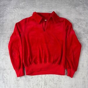 Vintage 1970s Sweatshirt Women Large Red V Neck Velour Polo Terrycloth Pullover